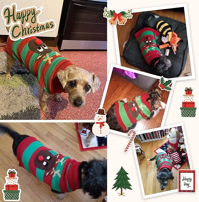 Dog Cat Christmas Sweater Boy Girl Ugly Reindeer Xmas Pet Clothes Holiday Puppy Costume New Year Gifts for Small Medium Large Dogs Outfits (M, Red Green Stripe Reindeer)