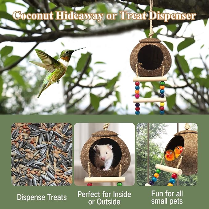Hanging Coconut Birds House with Ladder,Natural Coconut Fiber Shell Bird Nest for Parrot Parakeet Lovebird Finch Canary,Coconut Hide Birds Swing Toys for Hamster,Bird Cage Accessories,Pet Bird Supply