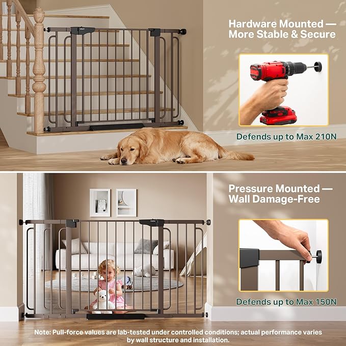 Cumbor 36.6-59" Extra Wide Baby Gate for Stairs, Pressure Mounted Dog Gate for Doorways, Auto-Close Easy Walk Through Safety Child Gate for Kids Toddler, Tall Pet Gates Indoor, Brown