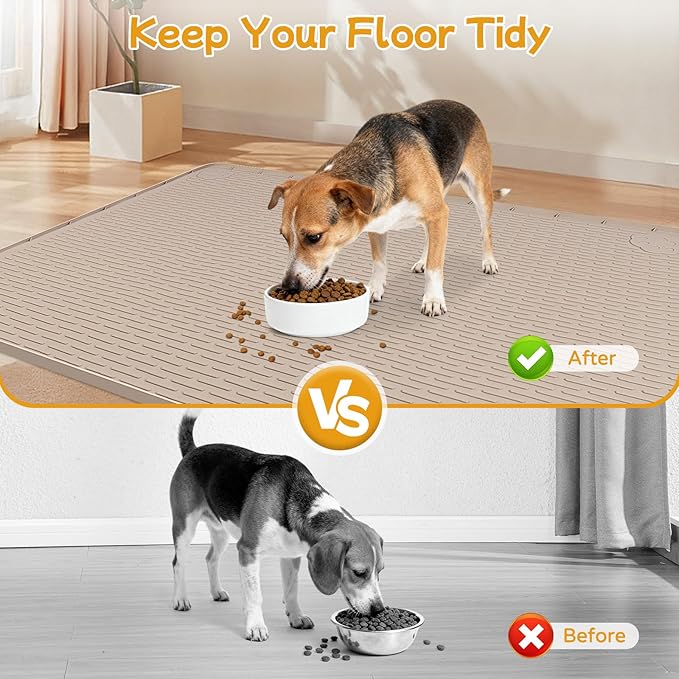 Lanstics Dog Food Mat, 40" x 28" Large Silicone Mat Dog Feeding Mat with Raised Edge Non-Slip Pet Feeding Mat for Food and Water Bowl, Easy to Clean, Floor Protection (Khaki)