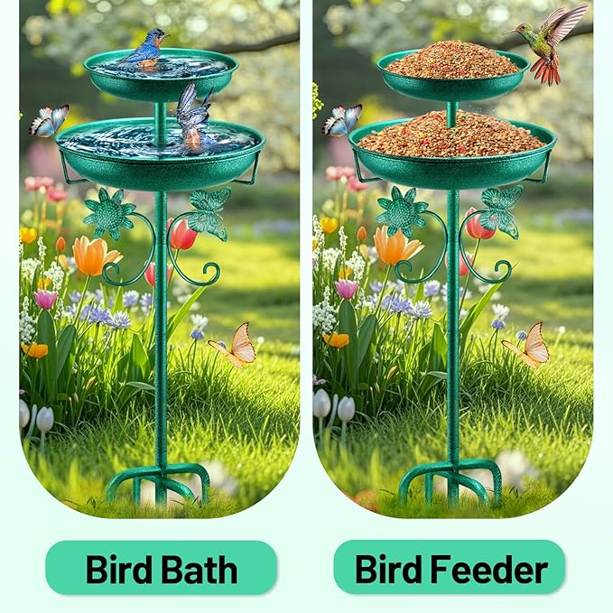 Daoeny Bird Bath for Outside, 42In Vintage Freestanding Birdbaths for Outdoors, Double Metal Bird Bath Feeder Bowls for Garden Patio Yard Lawn Decor, Upgraded 5-Pronged Base (Green)