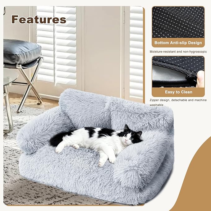 Large Cat Beds for Indoor Cats, Dog Couch Bed, Cute Cat Couch Sofas for Less 20lbs Kitten Puppy, Small Dog Sofas & Chairs with Removable Washable Cover, Warm Pet Furniture, Plush Light Grey