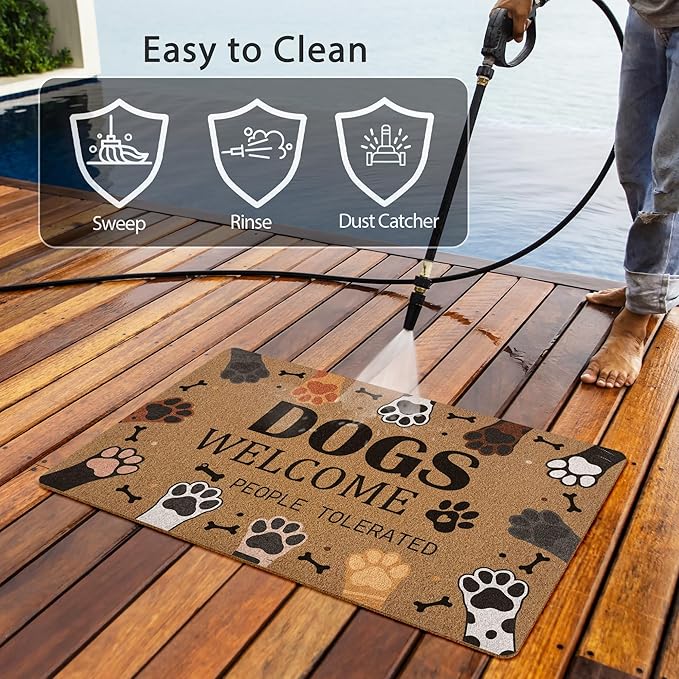 Dogs Welcome People Tolerated Door Mat, Cute Dog Paws Print Artificial Coir Front Door Mat Indoor Outdoor Entrance, Funny Dog Paw Welcome Doormat Rug for Porch Entryway Patio Decor, 17X30 Inch