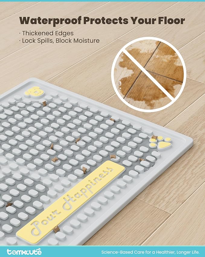 Tomxcute Extra Thick Pet Feeding Mat 19.7" x 14.2", BPA-Free Food-Grade PVC, Waterproof Raised Edge Non-Slip Bowl Mat for Cat Water Fountain & Automatic Feeder, Textured Fast-Drain, Brush Included