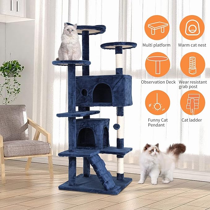 Cat Tree for Indoor Cats, Multi-Level Cat Tower with Scratching Posts & Cozy Condo, Space Saving Cat Activity Center, Durable Pet Play House (54in,Navy Blue)