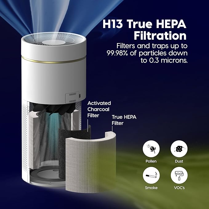 IRIS USA WOOZOO True HEPA Air Purifier, H13 filter removes 99.97% of particles, pollen, pet dander, smoke, and odors. Covers up to 1,558 ft², featuring auto mode, air quality indicator, and filtration