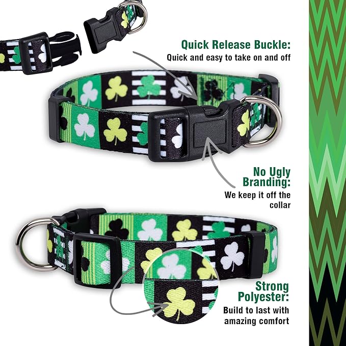 Native Pup St Patricks Dog Collar- Saint Patrick Green Shamrock Pet Collars- St. Patrick’s Lucky Irish- Adjustable for Small, Medium, Large Breeds (Patterned Shamrock, Medium)