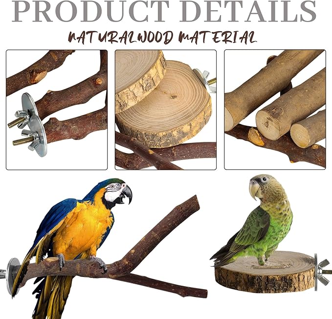 8 Pack Natural Wood Bird Perches, Parrot Perch Stand Bird Cage Accessories for Budgerigar Cockatiels, Conures, Lovebirds