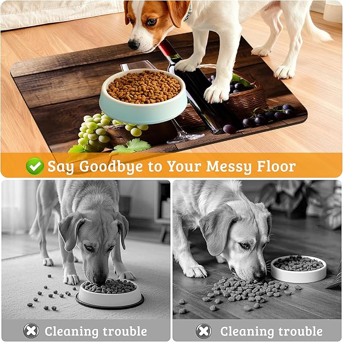 Pet Feeding Mat,Red Wine Absorbent Dog Cat Food Mat Grape Wood Dog Mat with Rubber Backing,Non-Slip Water Bowl Placemat,Pet Supplies 12" x 20"