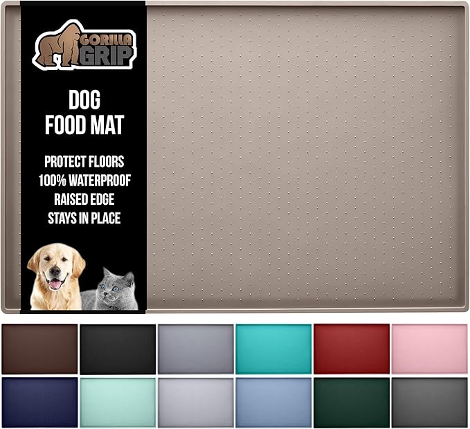 GORILLA GRIP 100% Waterproof Raised Edge BPA Free Silicone Pet Feeding Mat, Dog Cat Food Mats Contain Spills Protects Floors, Placemats for Cats and Dogs Water Bowl, Pets Accessories 18.5x11.5 Beige