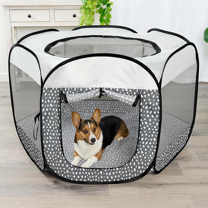 Furhaven Portable Dog Playpen Cat Tent, Pet Playground,Kennel Foldable Indoor Outdoor Zippered Puppy Crate - Gray Pebbles, Large