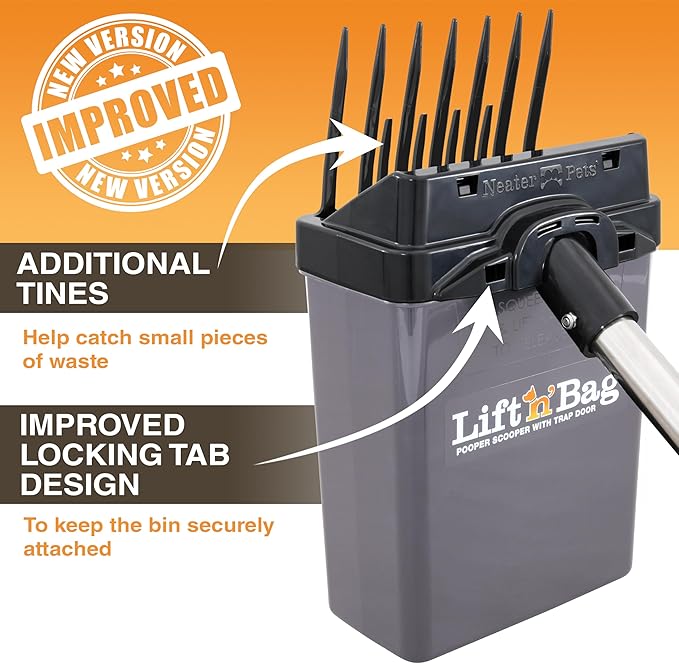 Neater Pet Brands Lift N’ Bag 2.0 Dog Pooper Scooper with Bag Attachment & 22" Pole for Small to Large Dogs, New & Improved Design, 15 Refill Bags, Heavy Duty Dog Poop Scooper for Yard, One-Hand Use