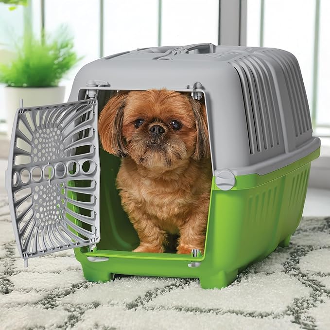 MidWest Homes for Pets Spree Travel Carrier – Hard-Sided Dog & Cat Carrier, Small Pet Travel Crate with Handle, Ventilated Design, Durable Plastic Door, Easy Assembly, 22-Inch, Green