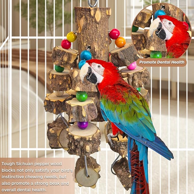PINVNBY Wood Parrot Toys for Large Birds, Wire Link Durable Macaw Toys Extra Large Natural Wooden Blocks Chew Toy for African Grey Macaws Cockatiels Eclectus