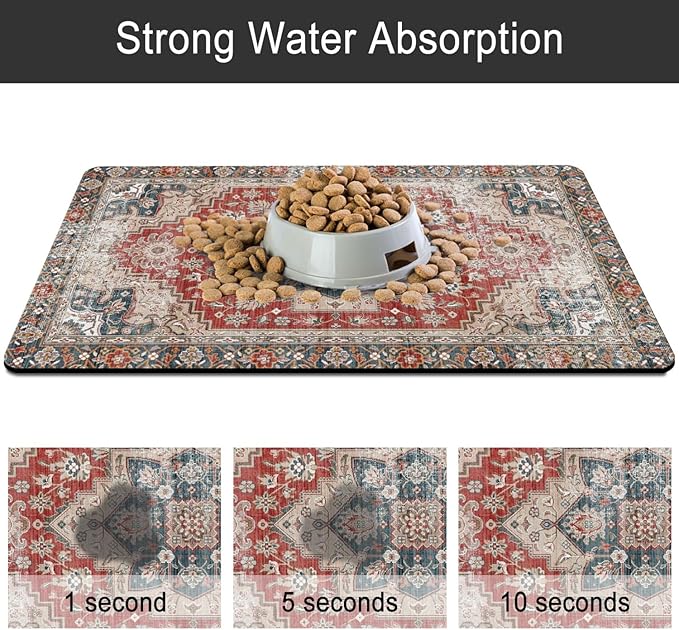 2 Pack Dog Food Mats for Floors, Absorbent and Quick-Drying Pet Cat Food Mat,Anti-Fouling and Easy-to-Clean Pet Feeding Mat,Dog Bowl Mat for Messy Drinking Water Bowls.12 x20+18"x24", Bohemia Style