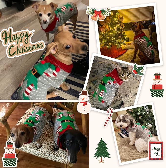 Dog Cat Ugly Christmas Sweater Boy Girl Xmas Pet Clothes Holiday Puppy Costume New Year Gifts for Small Medium Large Dogs Outfits (S, Grey Elf)