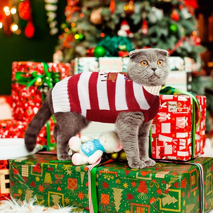 Christmas Dog Sweaters Xmas Pet Outfits Striped Elk Costume Holiday Clothes Gifts Puppy Cat Knitted Jumpers (XL,Red White Stripe Elk)
