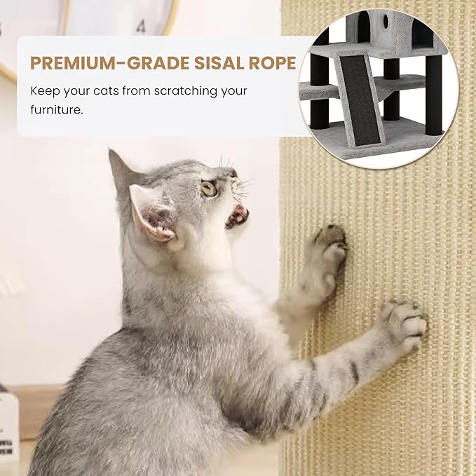 SHA CERLIN 65in Larger Cat Tree Tower Condo for Indoor Kitties/Multi-Level Furniture Activity Center with Wide Base/Cozy Plush Perches/Baskets/Sisal Scratching Posts and Hammock/Black & Grey
