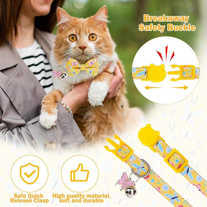 Cat Collar Breakaway with Bells, Gold Butterfly, 2 Pack Soft Butterfly Kitten Collar with Removable Shirt Collar, 8-12Inch