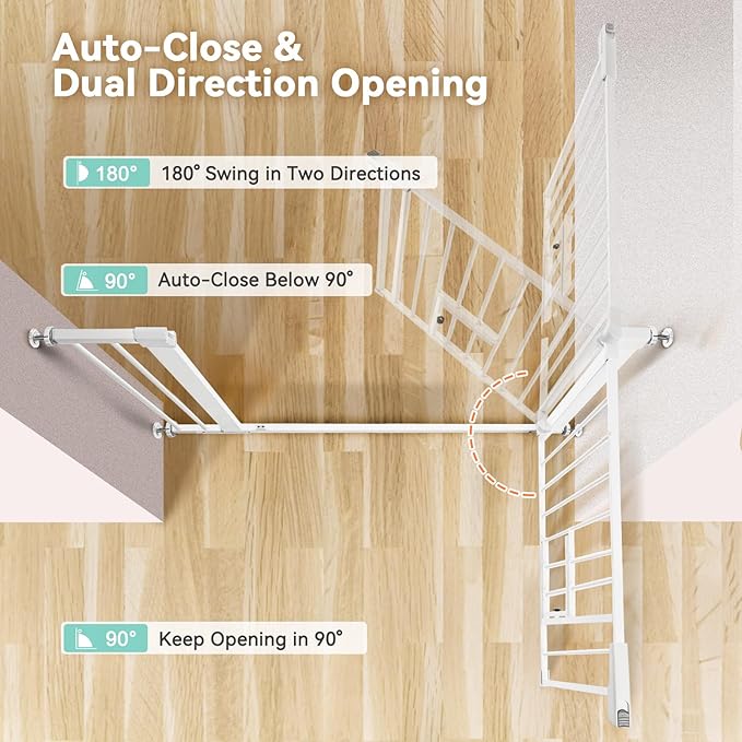 COMOMY Auto Close Baby Gate with Cat Door, 29.5"-40.5" Extra Wide Dog Gate for House Doorways Stairs, Pressure Mounted Easy Walk Thru Pet Gate, Includes 4 Wall Cups and 2 Extension Pieces, White
