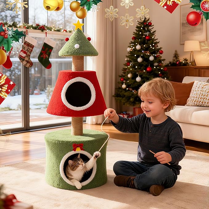 COSIEST 40in Tall Christmas Cat Tree Tower for Cats, Multi-Level Cat Tree House with Sisal Scratching Posts, Unique Kitty Condo & Kittens Play Activity Center for Christmas Decor, Red & Green