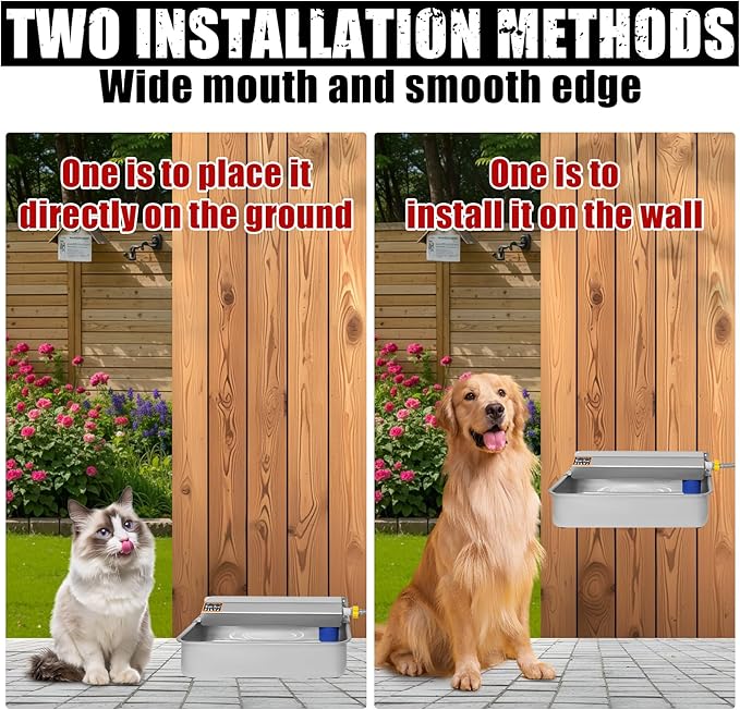 Automatic Dog Water Dispenser 2 Gal/7.57L Outdoor Dog Water Bowl Auto-Fill Water Feeder Stainless Steel Large Livestock Waterer Fit 3/4" GHT Faucet Wide Mouth Wall/Ground Mount