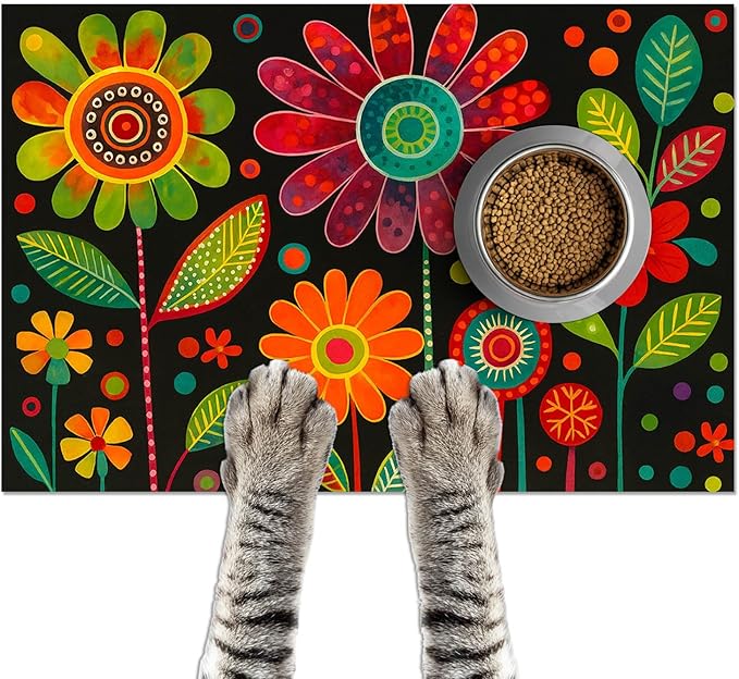 Vibrant Flower Pattern Pet Food Mat Spill-Proof Pet Feeding Mats for Food and Water Bowls Non-Slip Cats Placemat for Pet Areas Easy Clean Fast Dry Dog Water Bowl Mat 24" x 16"