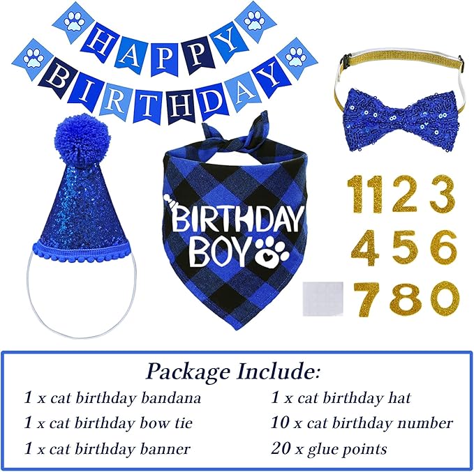 STMK Cat Birthday Party Supplies, Cat Birthday Hat with Numbers Bandana Bow Tie Collar Banner for Cats Kittens Birthday Outfit Decorations