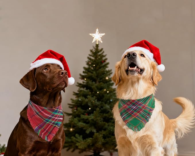 Christmas Dog Bandanas 2PCS-Large,Winter Classic Red Green Plaid Dog Scarf with Tassels Edges,Triangle Holiday Outfit for Boy and Girl Dogs,Pet Costumes for Medium to Large Dogs