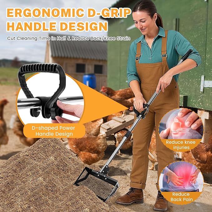 9.8×9.1in Chicken Poop Scooper, Chicken Coop Rake, Multifunctional 2 in 1 Sifting Shovel for Cow Shed Raking/Pet Waste/Yard Cleanup, Adjustable Length/Angle Coop Scoop with Ergonomic Handle (Black)