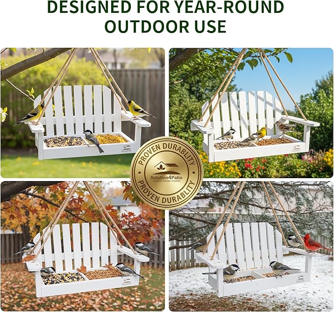 Solution4Patio White Swing Bird Feeder, Squirrel-Proof Metal Mesh Tray with Bench Design, High-Capacity Rust-Resistant Hanging Bird Feeder for Porch & Yard Décor – Easy Fill & Clean