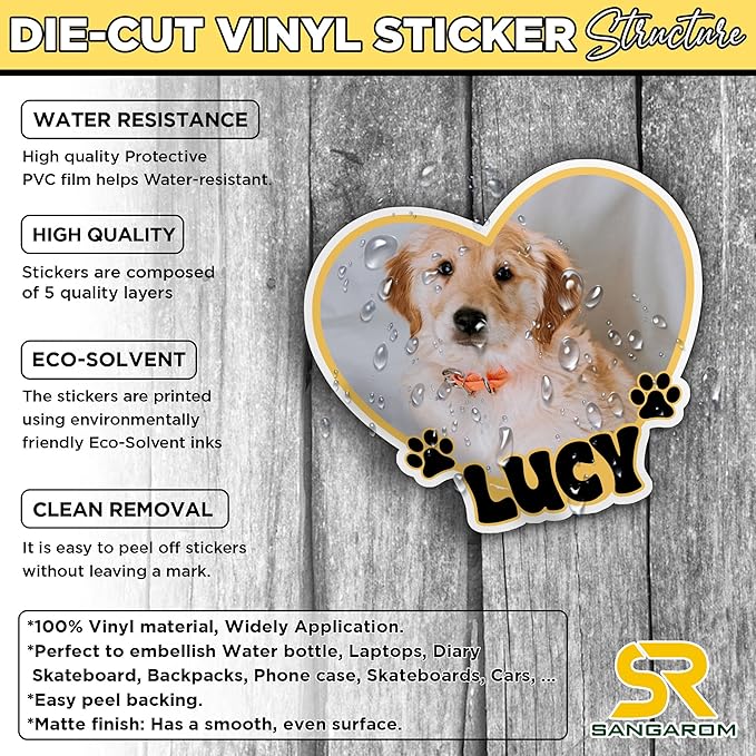 Custom Pet Photo Heart Sticker Personalized Pet Name Decal Cute Pawprint Design Waterproof Durable Vinyl for Laptops Water Bottles Cars Pets Owners Gift Animal Lover Customizable Dog Cat Portrait