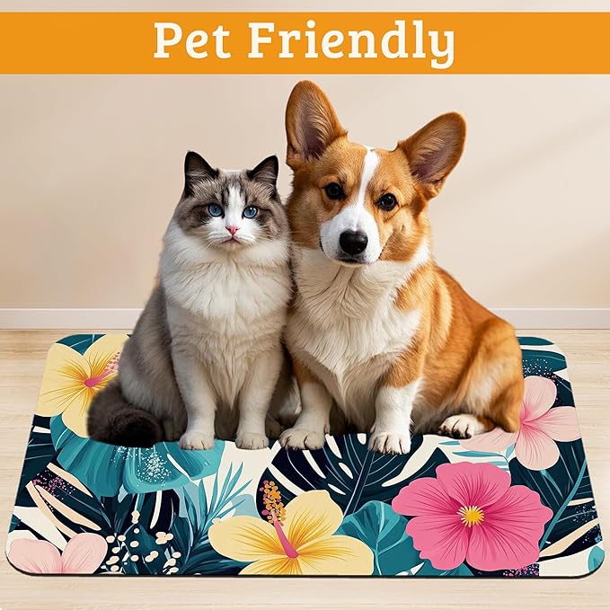 Tropical Palm Dog Food Mat,Exotic Leaves Floral Absorbent Pet Feeding Mat for Food and Water Bowl,Quick Dry Dog Placemat Non Slip Rubber Backing Waterproof Pet Supplies 16" x 24"