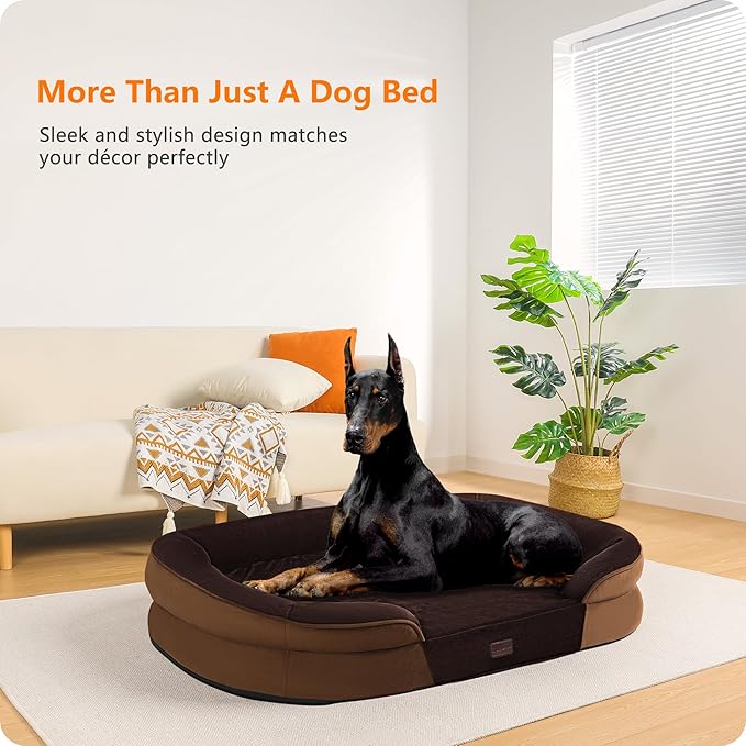 Dwanton Orthopedic Dog Bed for Extra Extra Large Dogs with Gel Memory Foam, Waterproof Dog Sofa, Washable Pet Bed with Four Sided Bolster Cushion, Removable Cover & Non-Slip Bottom, 48", Brown