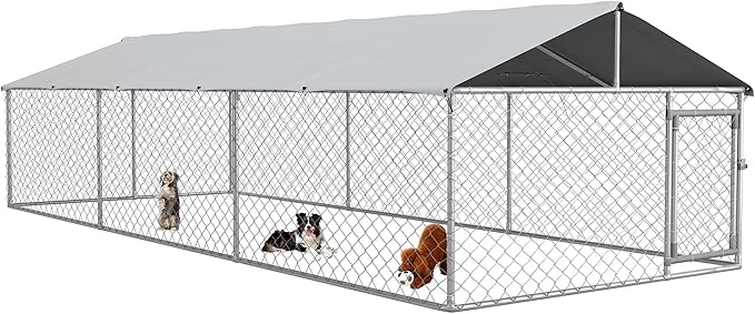 PawHut Outdoor Dog Kennel, Heavy Duty Dog Run Outdoor Fence with Waterproof Cover, Galvanized Chain Link, Secure Lock, for Large Sized Breeds, Chickens, Ducks, 20' x 7.5' x 5'