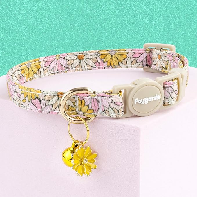 Faygarsle 2 Pack Pink Bow Floral Pattern Cat Collars Breakaway Safety Collar with Bell Spring Summer Design for Girl Cats,Pink Yellow