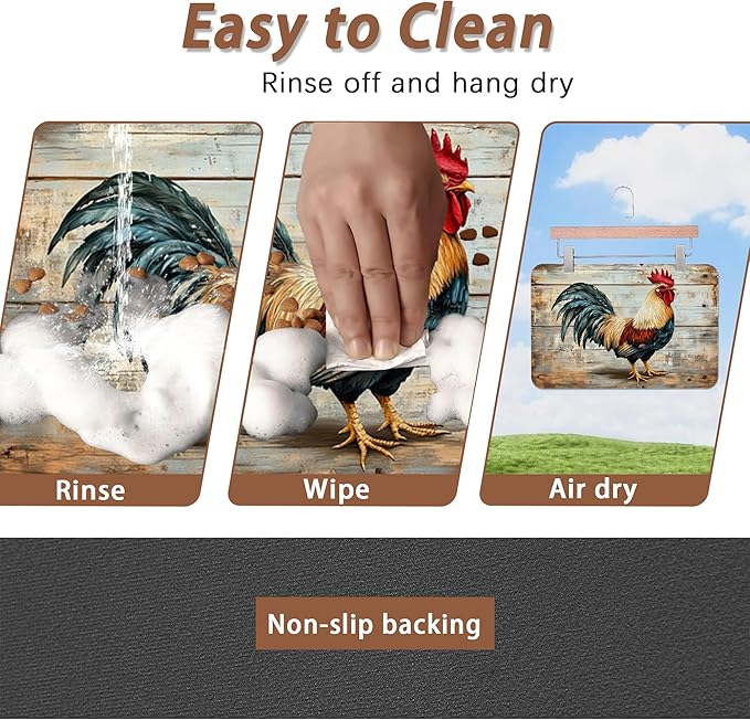 Rooster Dog Food Mat for Floors,Vintage Wood Panel Absorbent Quick-Dry Pet Feeding Mat,Cat Dog Bowl Mats for Food and Water,Non-Slip Pet Accessories Supplies 12"x20"