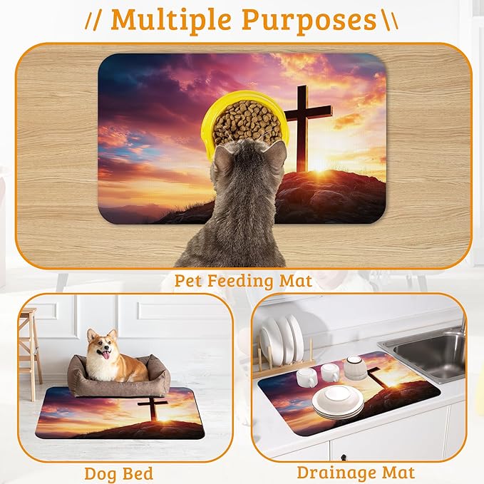 Pet Feeding Mat,Cross Absorbent Dog Cat Food Mat Sunset Dog Mat with Rubber Backing,Non-Slip Water Bowl Placemat,Pet Supplies 16" x 24"