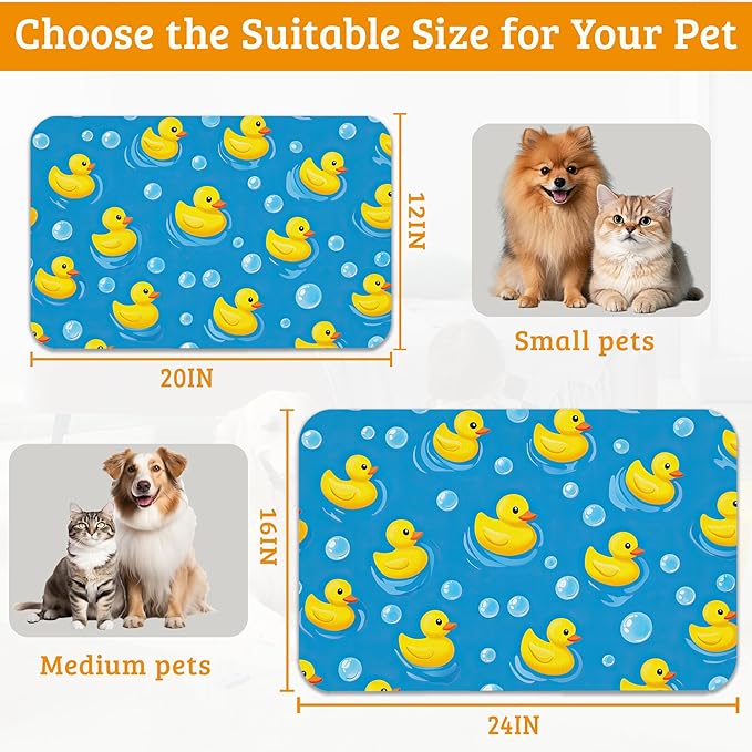 Yellow Rubber Ducks Dog Food Mat,Soap Bubbles Absorbent Pet Feeding Mat for Food and Water Bowl,Quick Dry Dog Placemat Non Slip Rubber Backing Waterproof Pet Supplies 12" x 20"