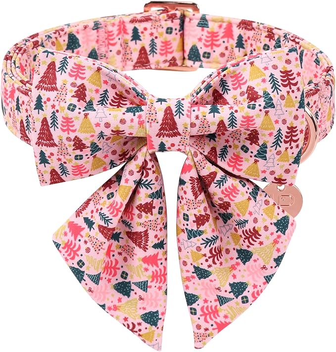 Christmas Dog Collar with Bow Tie, Pink Christmas Tree Collars for Dogs, Adjustable Pet Collar with Cute Xmas Tree Pendant, Winter Dog Accessories for Small Medium Large Dogs M