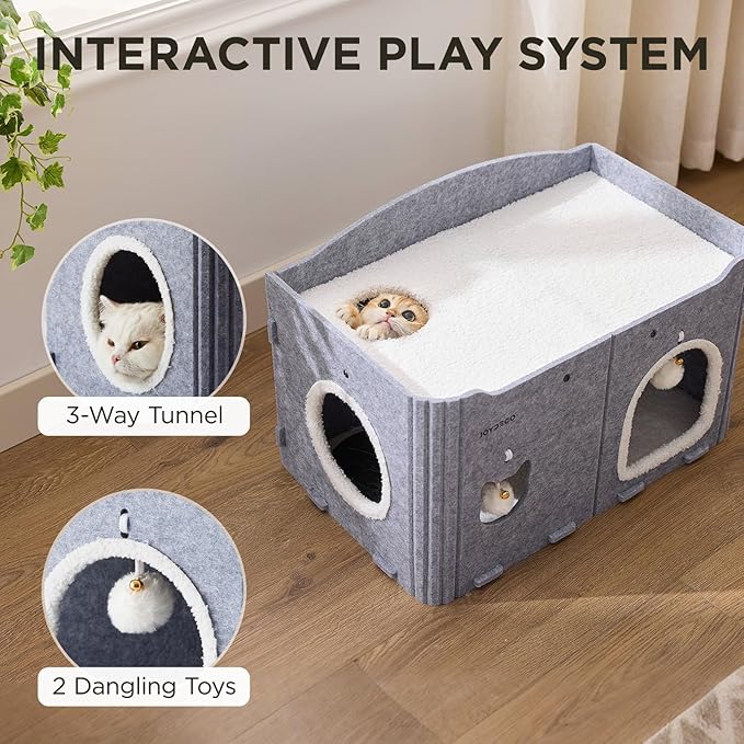 Joydeco Cat House for Indoor Cats, Extra Wide Scratch Resistant Felt Cat Condo, Hideaway Pet Cave Bed with Fluffy Ball and Tunnel for Kitten, Small Dogs, Rabbits, 22.4 x 13.7 x 14.9, Grey