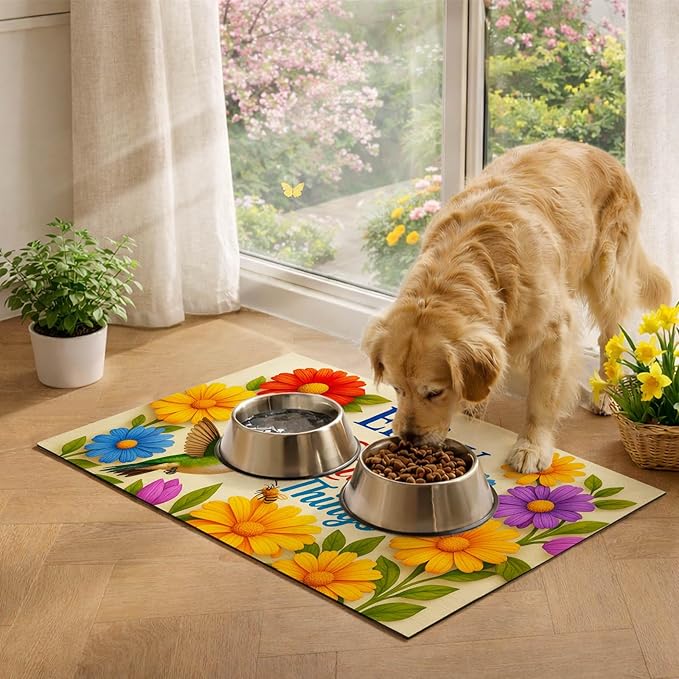 Hummingbird Pet Feeding Mat 24" x 16" Spring Design Non Slip Dog and Cat Bowl Mat Easy Clean Pet Food Mat Absorbable Pet Placemat for Dog and Cat Fast Dry Food Mat for Pet Bowls Cat