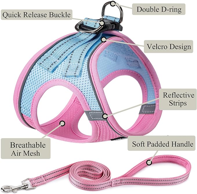 Dog Harness with Leash Set, No Pull Adjustable Reflective Step-in Puppy Pet Vest Harnesses for Small Medium Large Dogs and Cats,Pink Green XS