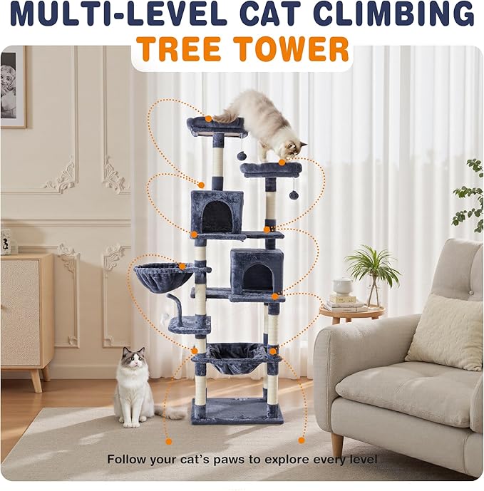 Large Cat Tree 71 Inch, Multi-Level Tall Cat Tree Tower with Condo, Perches, Sisal Scratching Posts and Hammock, Pet Play House with Dangling Balls for Indoor Cats, Dark Grey