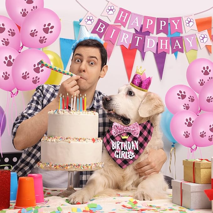 Dog Birthday Party Supplies, Dog Birthday Hat Bandana Scarf with Cute Bow Tie, Flag, Balloons for Small Medium Dogs Pets, Doggie Party Supplies Decorations