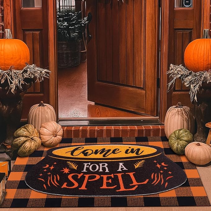 Tinideya 2 Pcs Halloween Door Mat Come in for A Spell Welcome Non Slip Coir Mats Funny Black Orange Buffalo Plaid Floor Layering Doormats Seasonal for Front Porch Entryway Decor(Come in for A Spell)