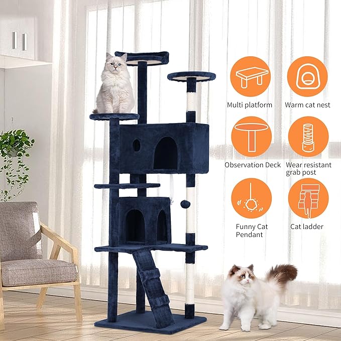 70 Inch Navy Blue Cat Tree, Tall Cat Tower with 2 Condos, 3 Scratching Posts, Multi-Level Platforms - Sturdy Climbing Structure Tall Cat Tower for Indoor Cats