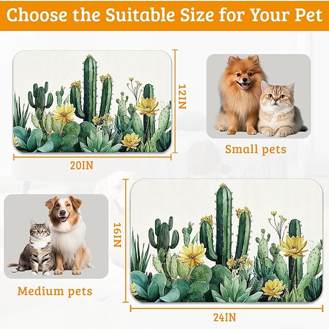 Tropical Cactuses Feeding Mat,Blooming Succulents Absorbent Quick-Dry Cat Dog Food and Water Bowl Mats,Non-Slip Rubber Backing Mat,Cat Dog Accessories Supplies 16" x 24"