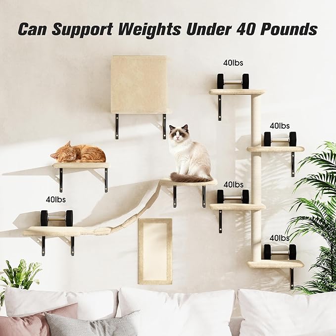 COZIWOW Wall Mounted Cat Furniture, Cat Wall Shelves and Perches, Floating Cat Shelves for Wall Set of 5(Beige)