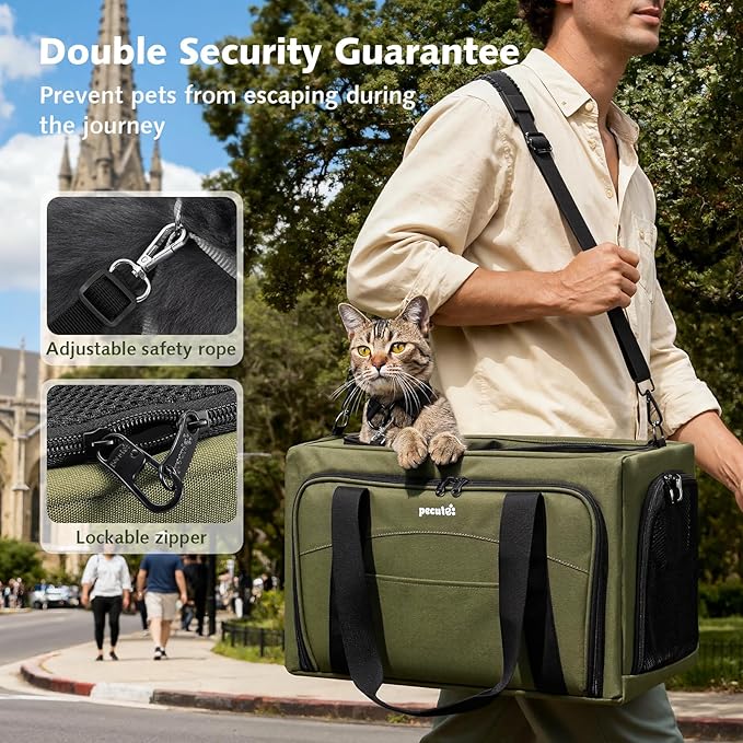 Pecute Cat Carrier Expandable, Stable Pet Carrier with 5mm Thick Steel Wire Frame, Dual-Side 200% Larger Space, Car Travel Carrier with Locking Zippers & Belt, Foldable for Storage,Green